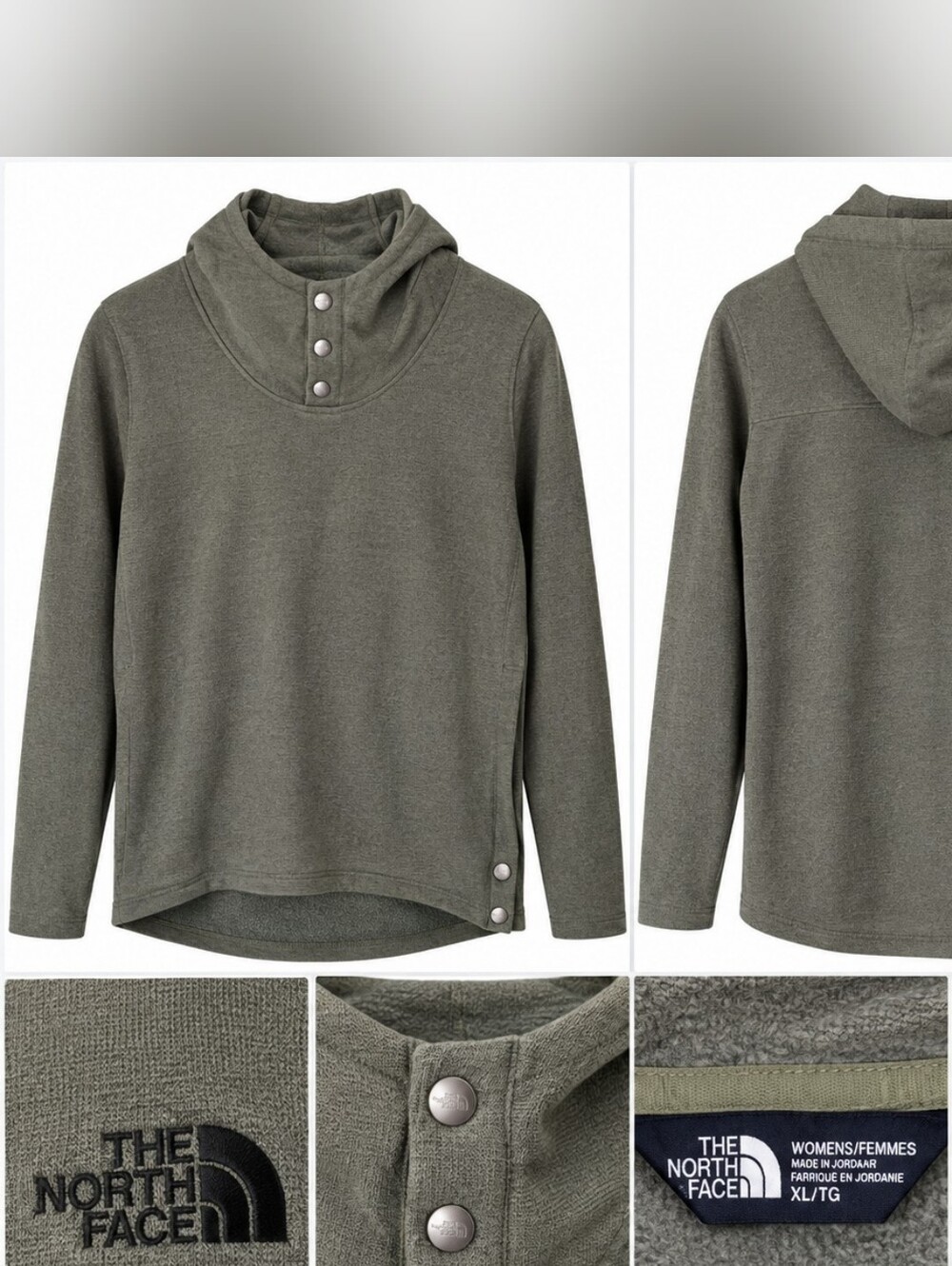 The North Face Women’s Olive Green Hooded Pullover Snap Button Fleece XL